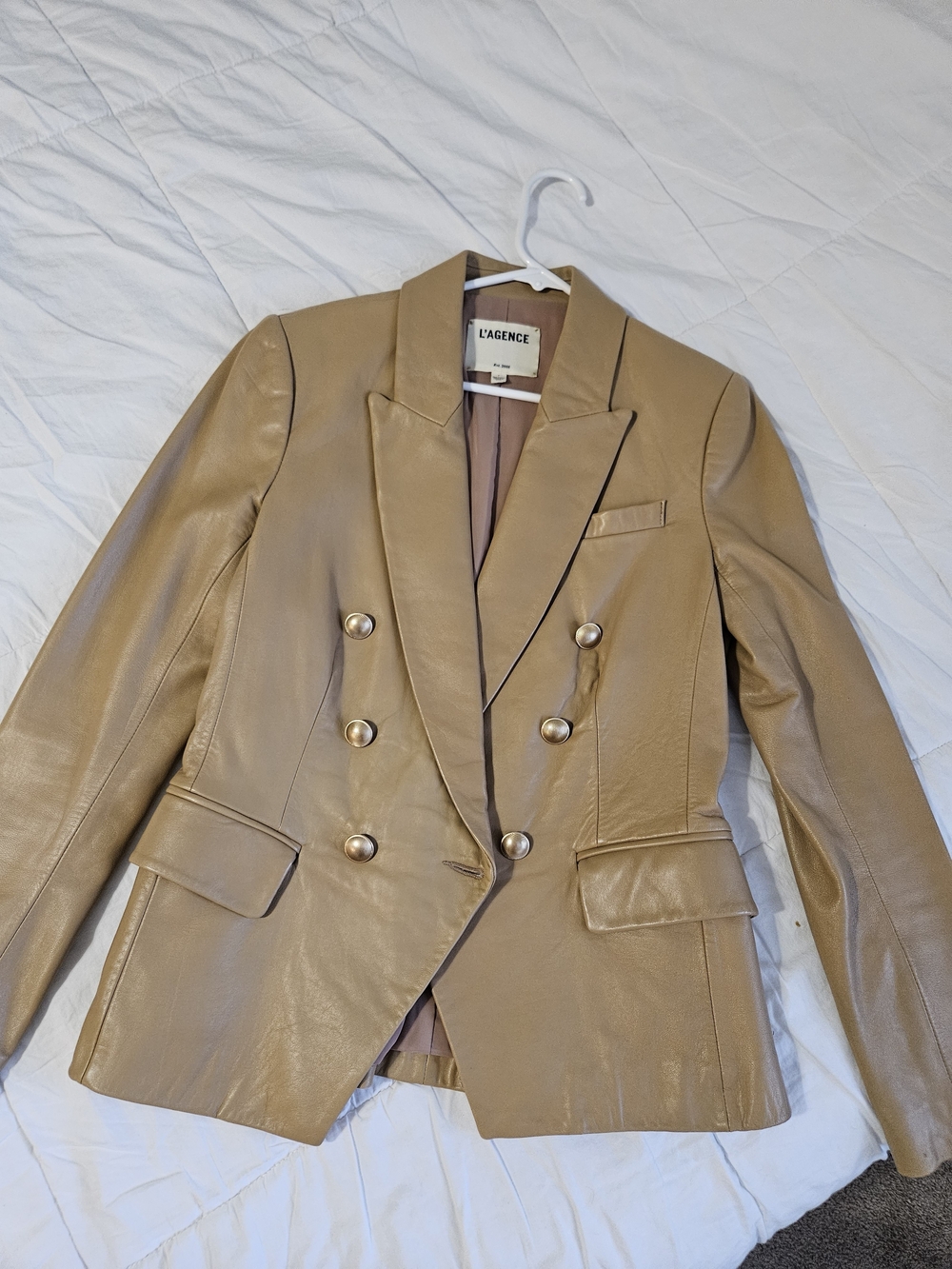 L'AGENCE Women's Camel Double-Breasted Leather Blazer